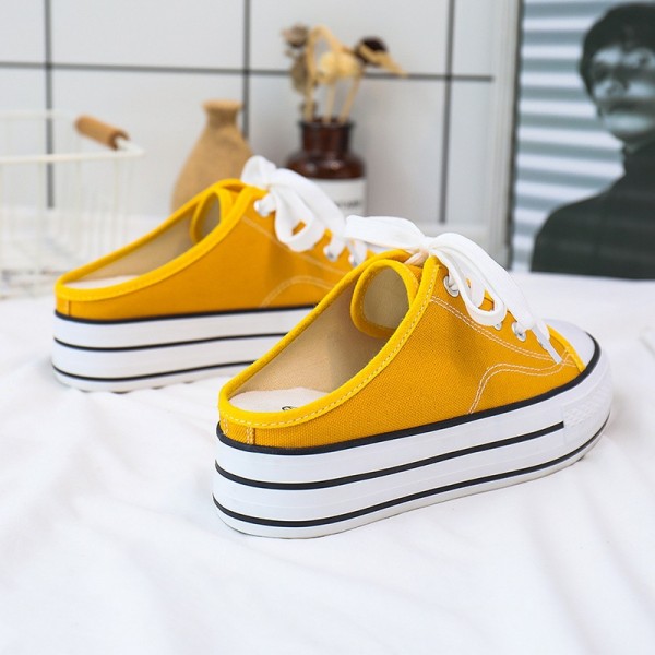 2023 Summer New Heel Free Lazy Shoes For Women With Elevated Canvas Shoes, Half Dragging And One Foot Pushing On Thick Sole Casual Cloth Shoes