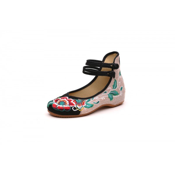 Single Shoe Ethnic Style Retro Plate Button Embroidered Cloth Shoes Spring And Autumn Linen Round Head Women's Single Shoes Mom's Wedding Shoes