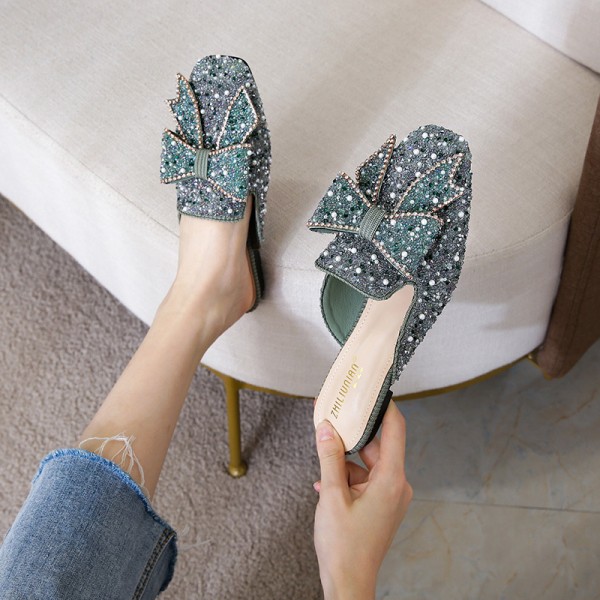 Baotou Half Slippers Women's Summer Outwear Fashion Rhinestone Cool Slippers Flat Bottom Mesh Red Lazy Shoes Large Women's Shoes 41-43