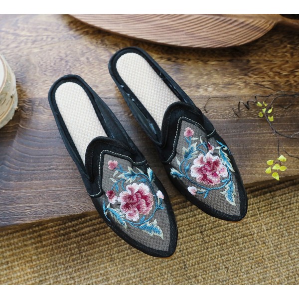 Slippers, Mesh Shoes, Cow Tendon Soles, Flat Bottomed Mesh Embroidered Slippers, Floral Fabric Slippers, Casual Women's Sandals