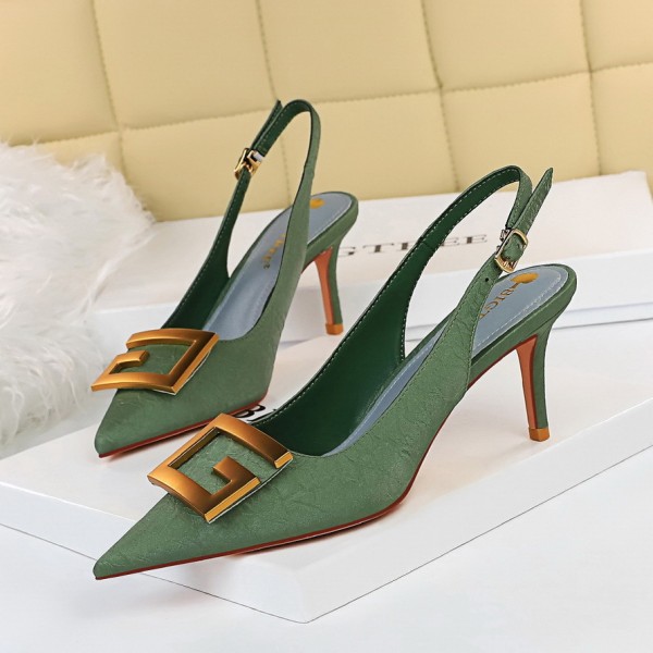 8999-5 European And American Style Banquet Women's Shoes With Thin Heels, High Heels, Shallow Mouth, Pointed Hollow Out Back Strap, Metal Square Buckle Single Shoe