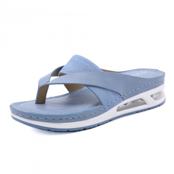 New 2023 European And American Sandals Women's Cross Border Leisure Air Cushioned Sole Large Size Car Sewn Wedge Heel Comfortable Flip Toe Slippers