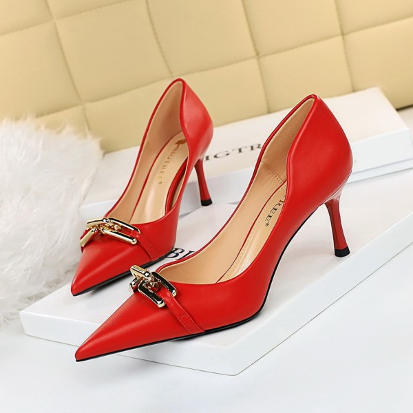 386-1 European And American Elegant Women's Shoes With Thin Heels, High Heels, Shallow Mouth, Pointed Out Metal Buckle Decoration, Single Shoes, High Heels