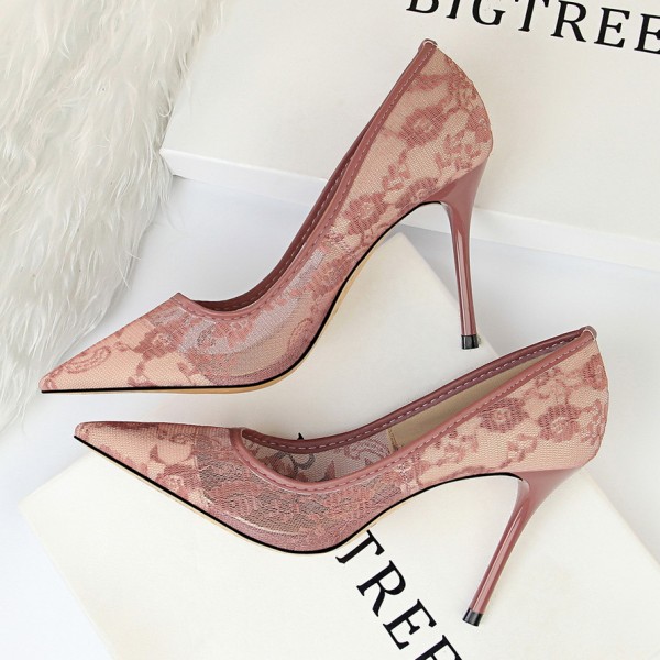 1853-1 European And American Sexy Slim High Heel Shoes Women's Shoes Thin Heel High Heel Shallow Notched Mesh Hollow Lace Single Shoes