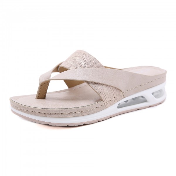 New 2023 European And American Sandals Women's Cross Border Leisure Air Cushioned Sole Large Size Car Sewn Wedge Heel Comfortable Flip Toe Slippers