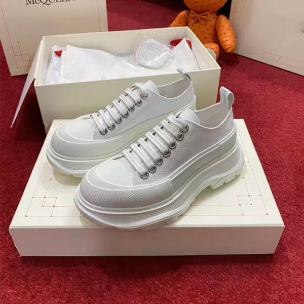 2023 Spring/Summer New McQueen Canvas Shoes Genuine Leather Versatile Lace Up Small White Shoes Women's Matsuke Thick Sole Elevated Couple Shoes