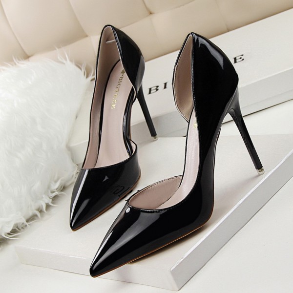 638-5 Korean Version Of Fashionable And Minimalist High Heels, Patent Leather, Shallow Cut Pointed Hollow Out, Sexy And Slimming High Heels, Single Shoe