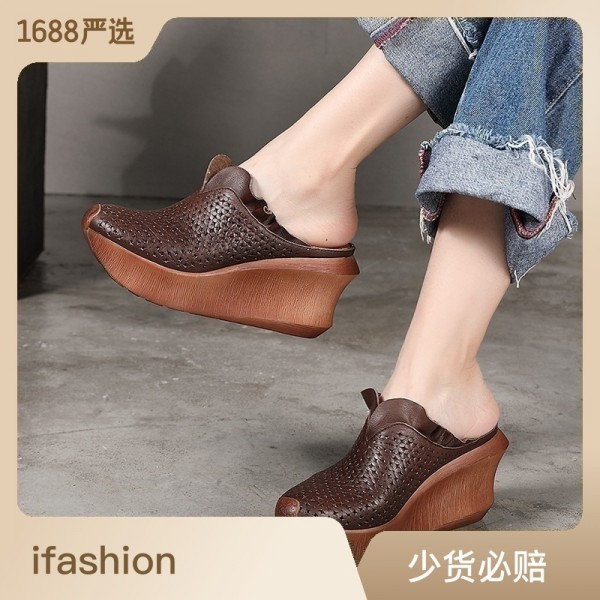 Manufacturer's Genuine Leather Casual Ethnic Style Cool Slippers, Retro Hollowed Out Sponge Cake Slope Heel Slippers, Handmade Women's Shoes, Popular Wholesale