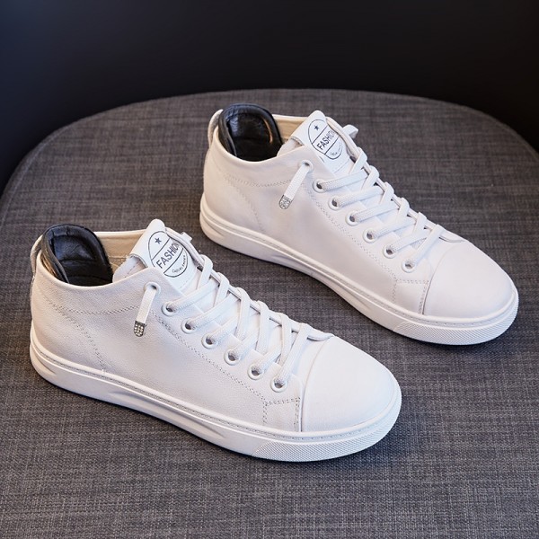 Top Layer Cowhide High Top Leather Small White Shoes For Women 2023 New Versatile Flat Bottomed Casual Korean Version Board Shoes For Women
