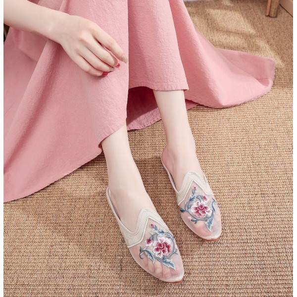 Slippers, Mesh Shoes, Cow Tendon Soles, Flat Bottomed Mesh Embroidered Slippers, Floral Fabric Slippers, Casual Women's Sandals