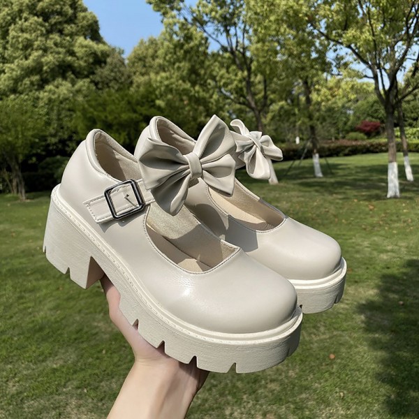 Thick Soled White Round Toe Mary Jane Single Shoes For Women In Spring 2022 Vintage Medium High Heels Japanese JK Small Leather Shoes British Style